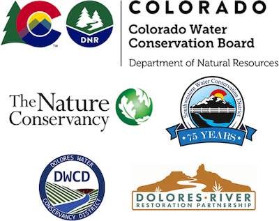 Dolores River Adaptive Management Support project funding logos: Colorado Water Conservation Board, the Nature Conservancy, Southwestern Water Conservation District, Dolores Water Conservancy District, Dolores River Restoration Partnership