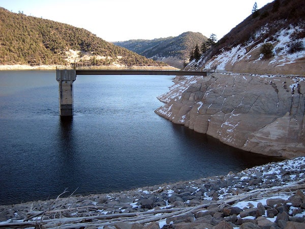 McPhee reservoir, with cliffs dusted in snow