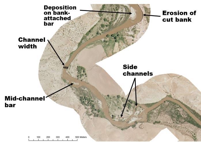 satellite imagery of the Dolores River, with arrows pointing to deposition on bank-attached bar, erosion of cut bank, channel width, mid-channel bar, and side channels.