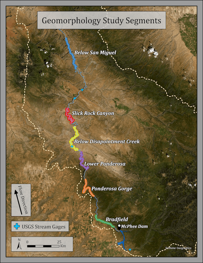 Geomorphology study segments color coded on a map of the Dolores River.