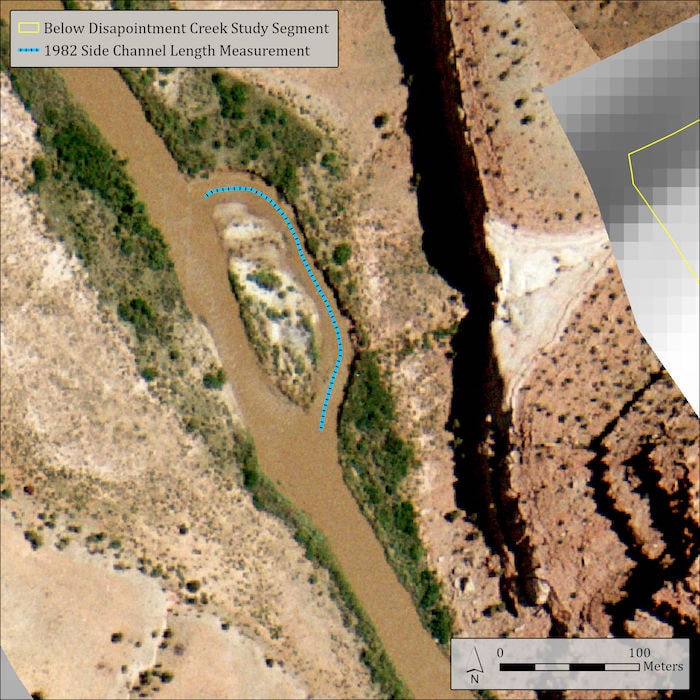 Aerial imagery of a segment of the Dolores River, in which a small island forms a side channel. A blue dotted line depicts where the 1982 Side channel length measurement was taken.