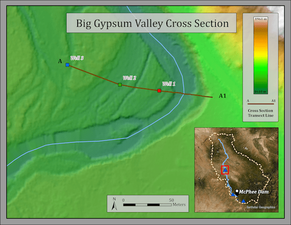This map shows the transect line on which the following barplot is based. The actual
                                elevations displayed on the cross section line are a combination of GPS measurements in the field filled
                                in with LiDAR elevation data from the USGS.