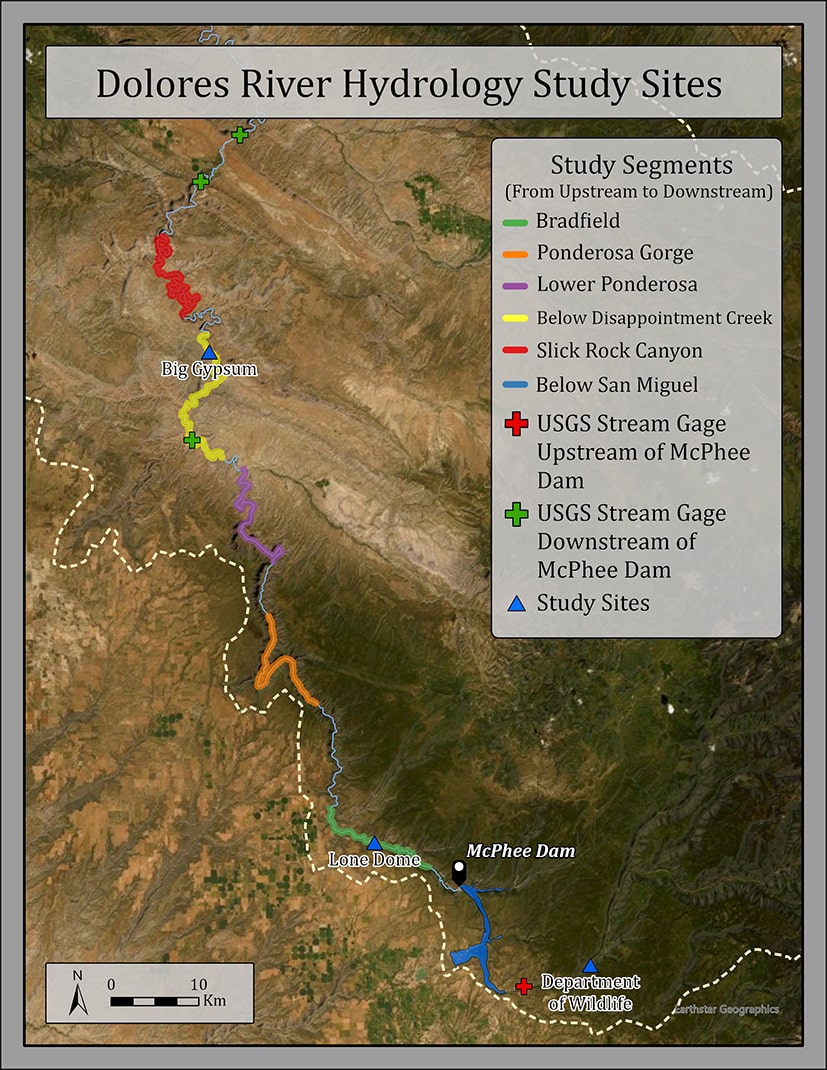 Map of Dolores river with color-coded study segments and markers at the USGS stream gages and study sites.