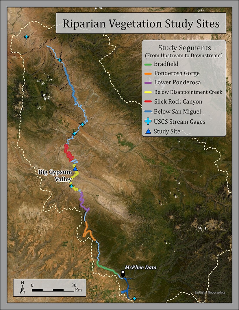 Color-coded map of the Dolores river and watershed, with pins at vegetation study sites