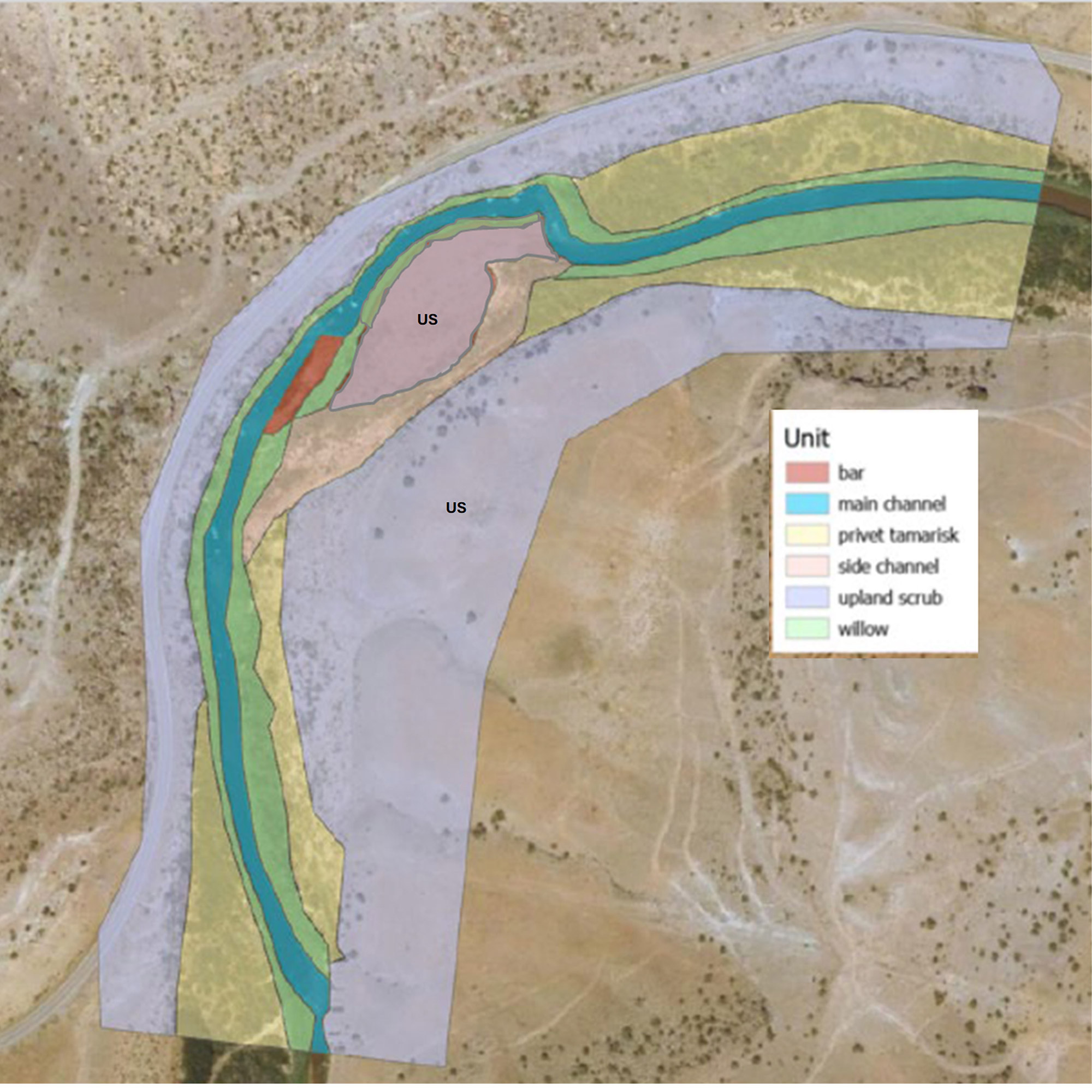 Figure A1. Map of geomorphic feature/vegetation zones – example from the downstream Slick Rock monitoring site. Map by Joel Sholtes & Jon Harvey.